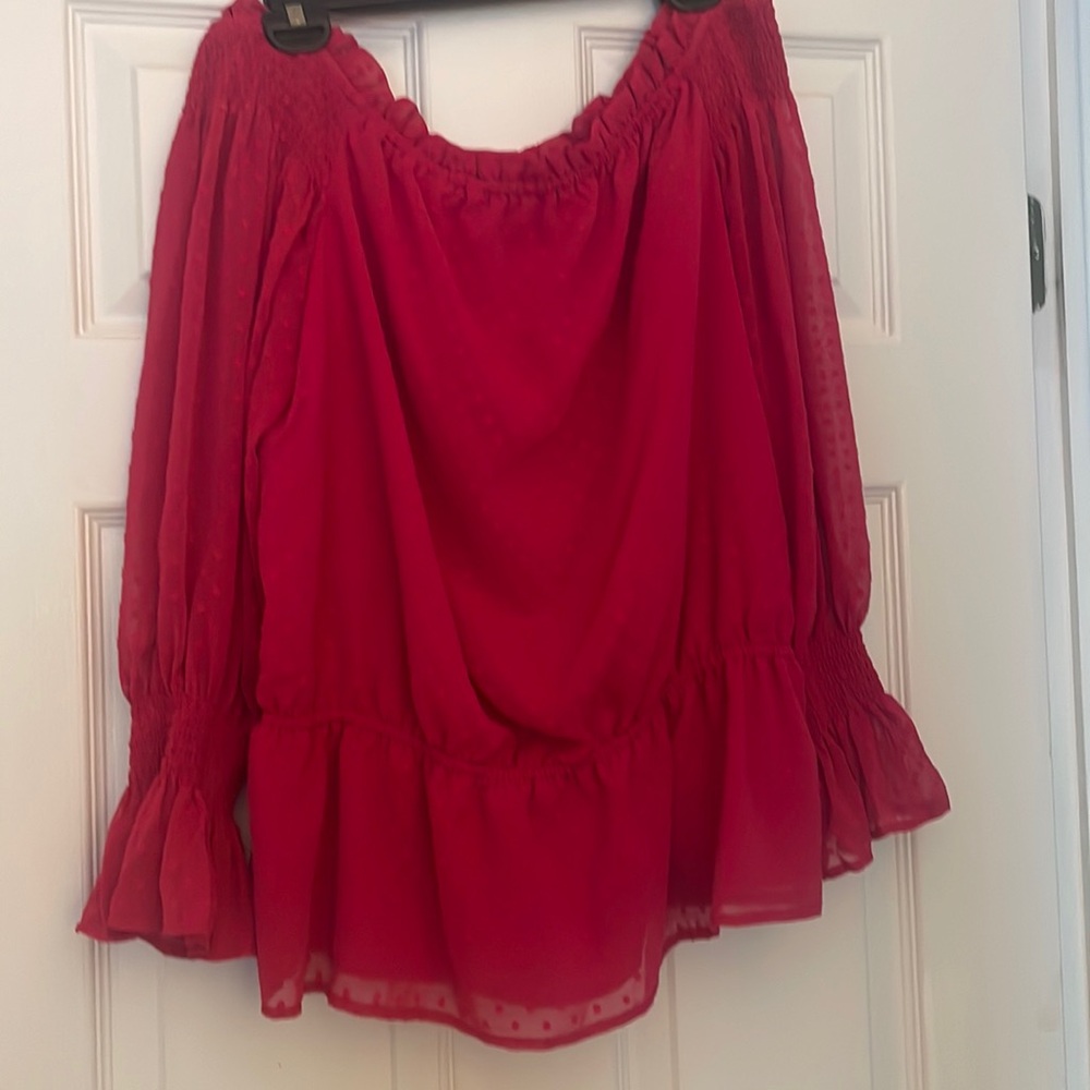 Fushia polka dot off the shoulder blouse with stretch at waist